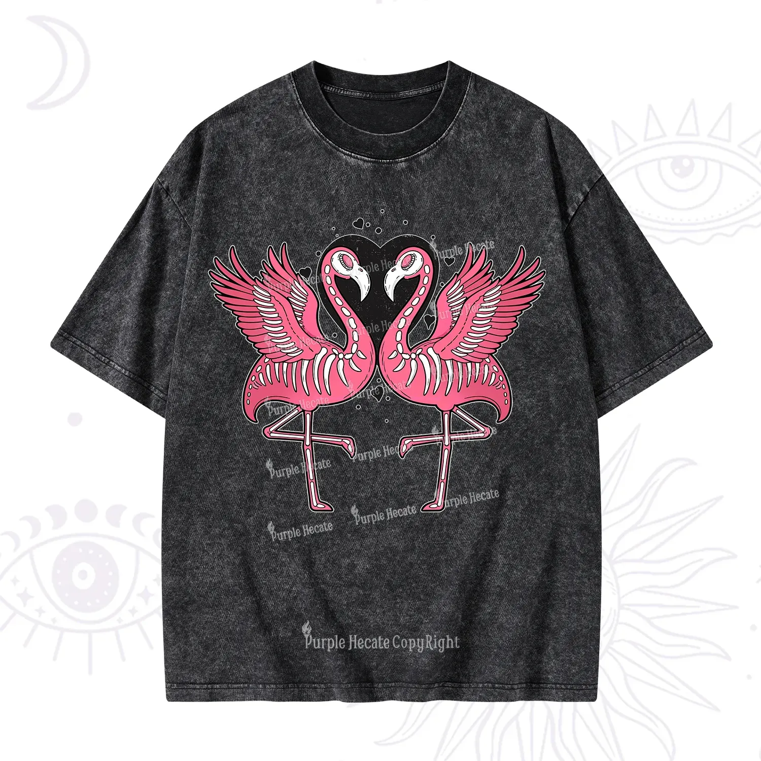 Purplehecate Witchy Pink Flamingo Skull Valentine Washed T-Shirt