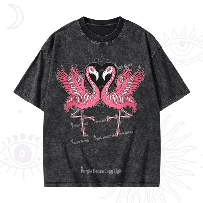 Purplehecate Witchy Pink Flamingo Skull Valentine Washed T-Shirt
