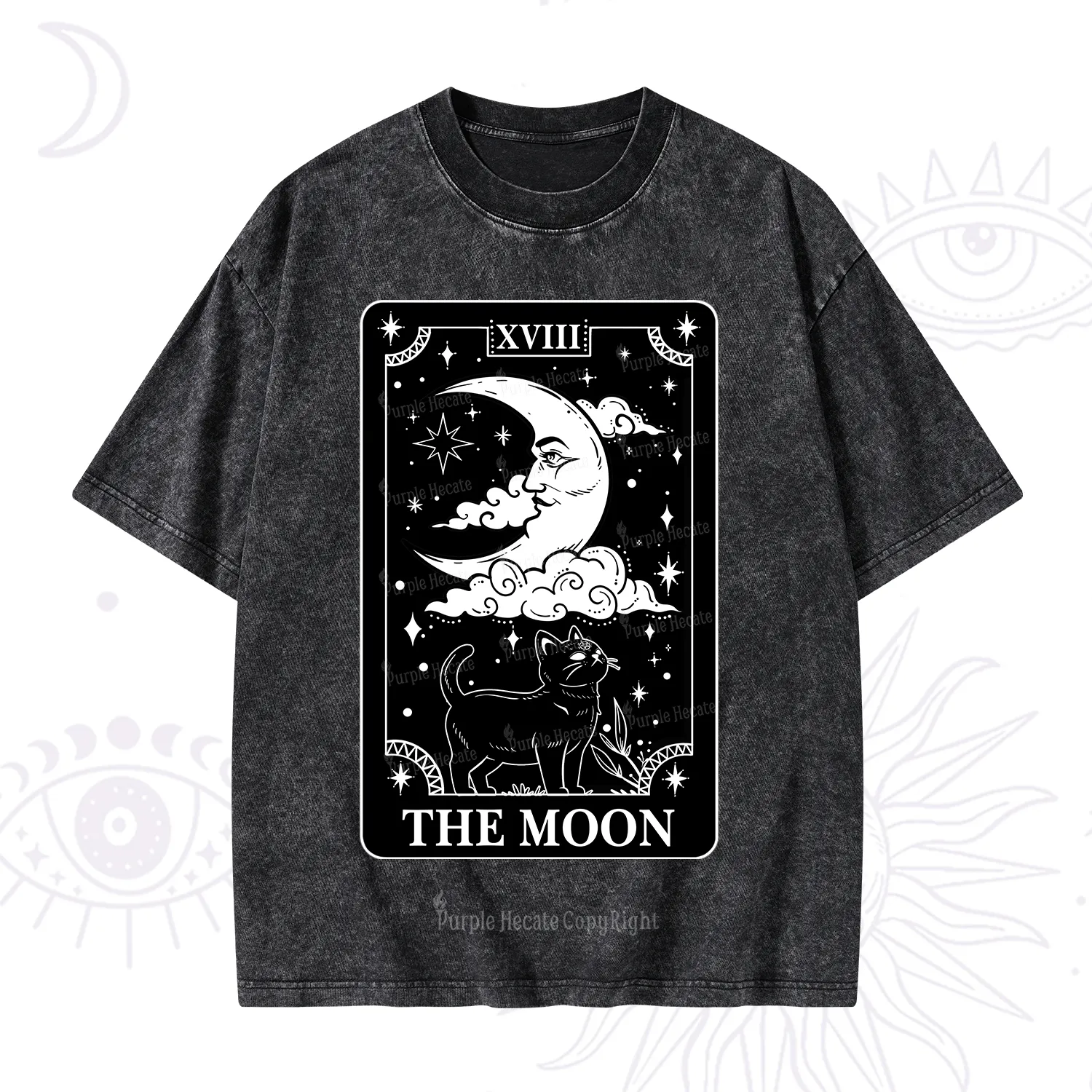 Purplehecate The Moon Tarot Card Cat Washed T-Shirt