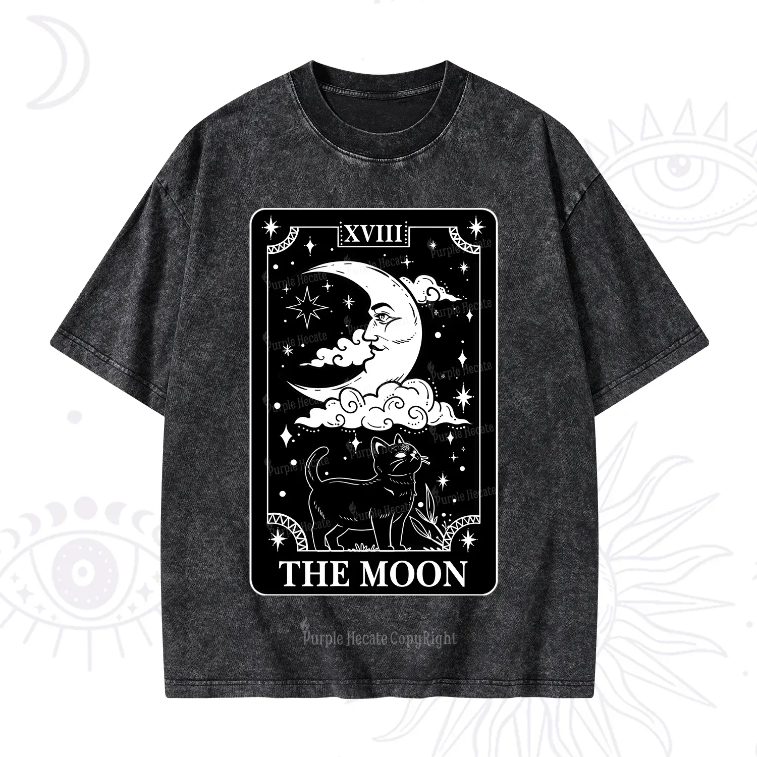 Purplehecate The Moon Tarot Card Cat Washed T-Shirt