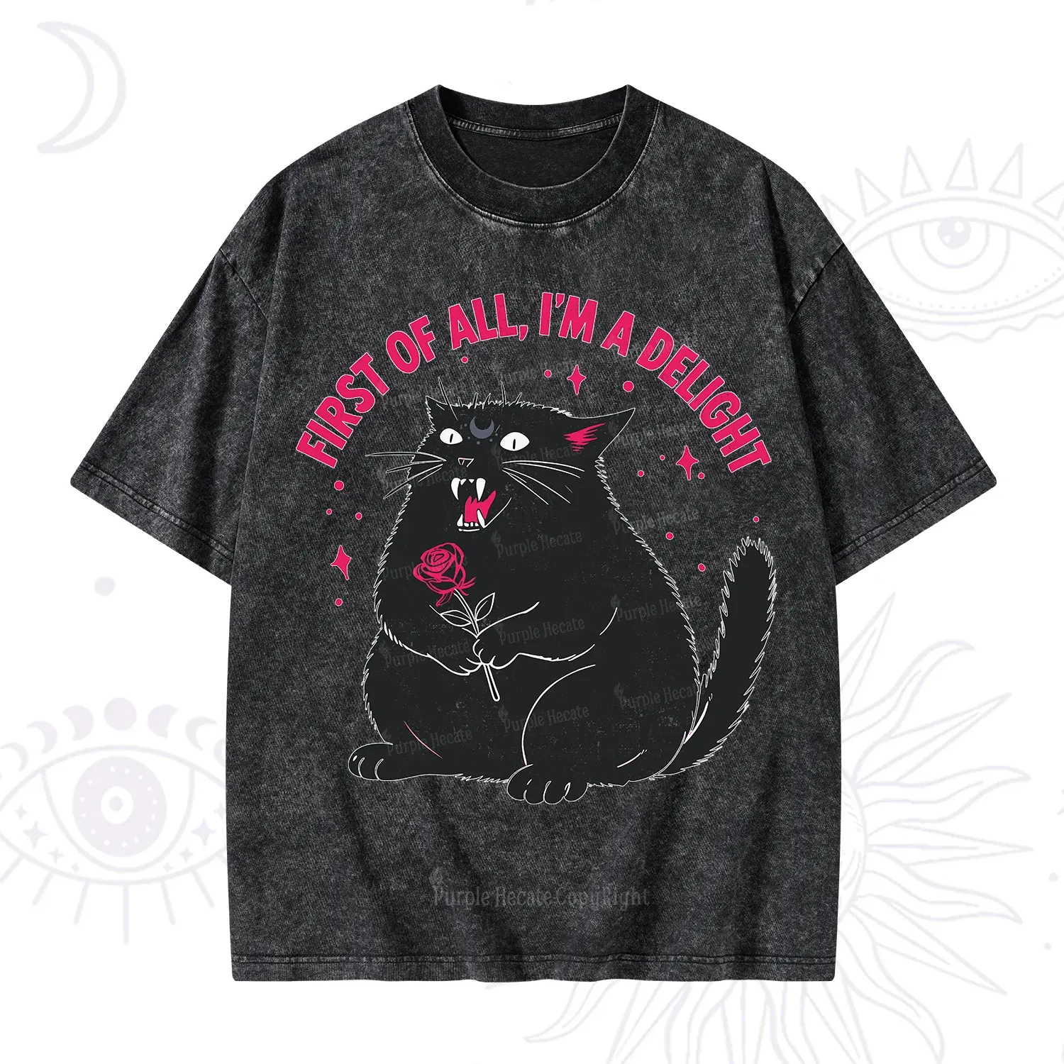 Purplehecate First Of All I'm A Delight Cat Washed T-Shirt