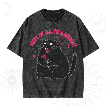 Purplehecate First Of All I'm A Delight Cat Washed T-Shirt