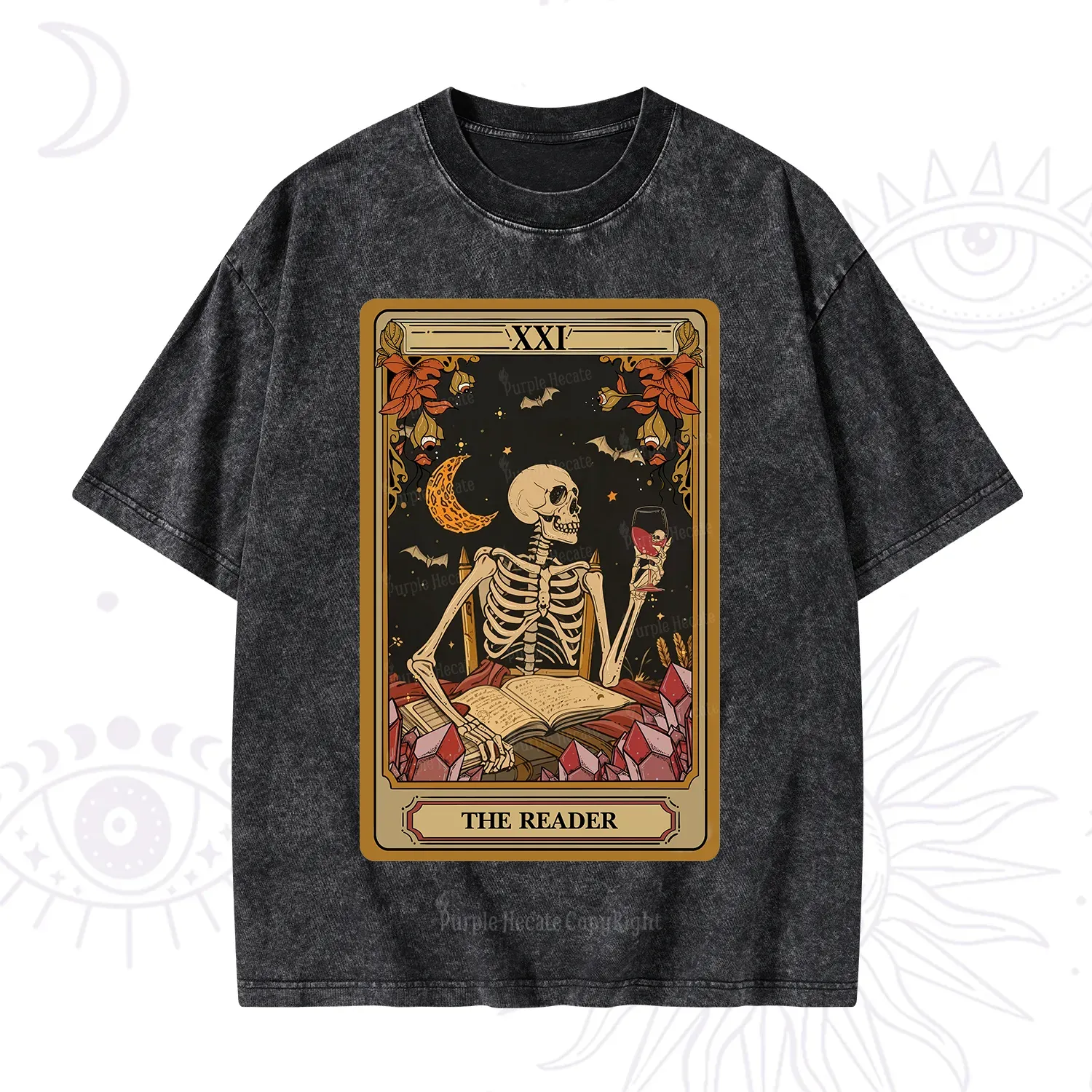 Purplehecate The Reader Tarot Skeleton Washed T-Shirt