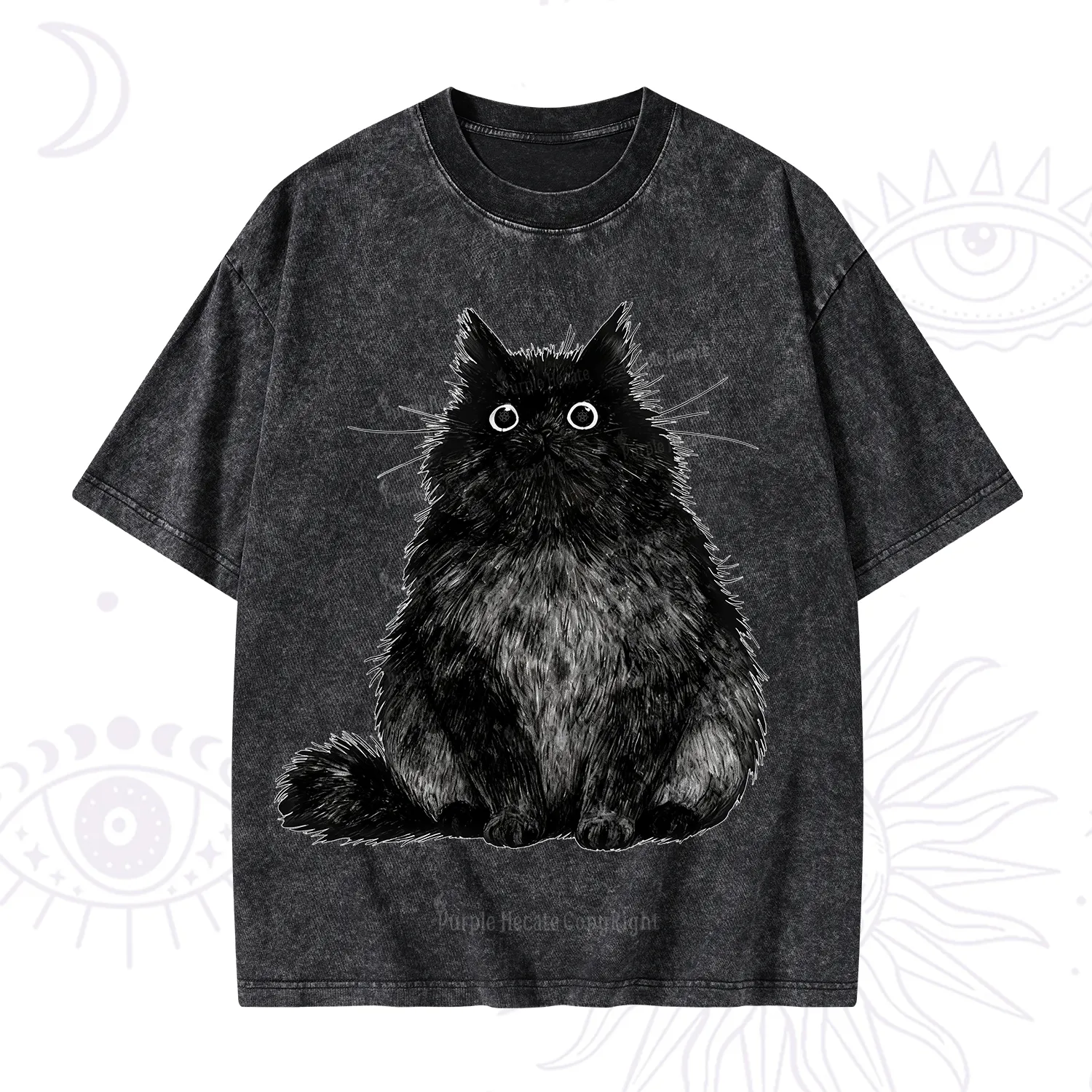 Purplehecate Cute Black Fluffy Cat Washed T-Shirt