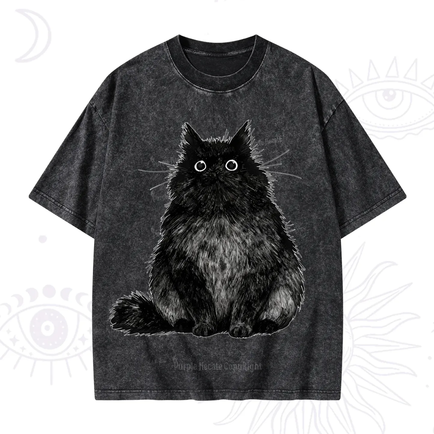 Purplehecate Cute Black Fluffy Cat Washed T-Shirt