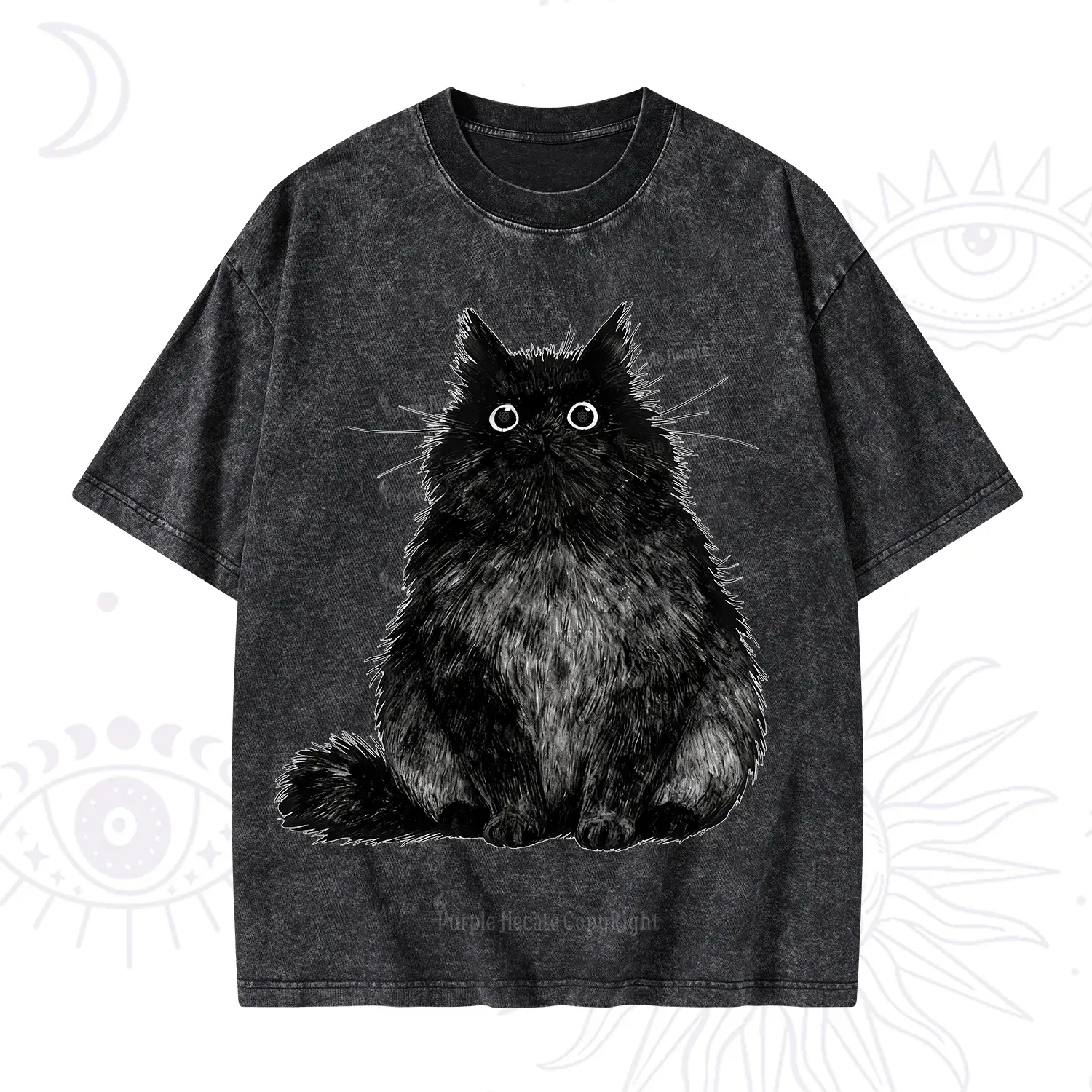 Purplehecate Cute Black Fluffy Cat Washed T-Shirt