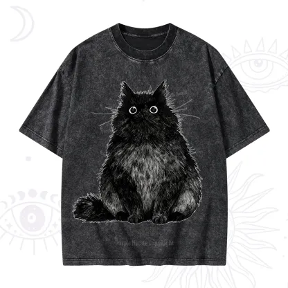Purplehecate Cute Black Fluffy Cat Washed T-Shirt
