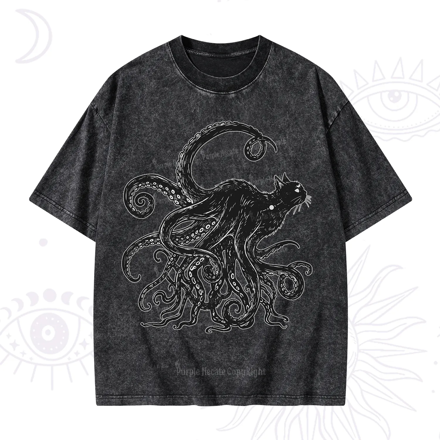 Purplehecate Black Cat with Octopus Tentacles Washed T-Shirt