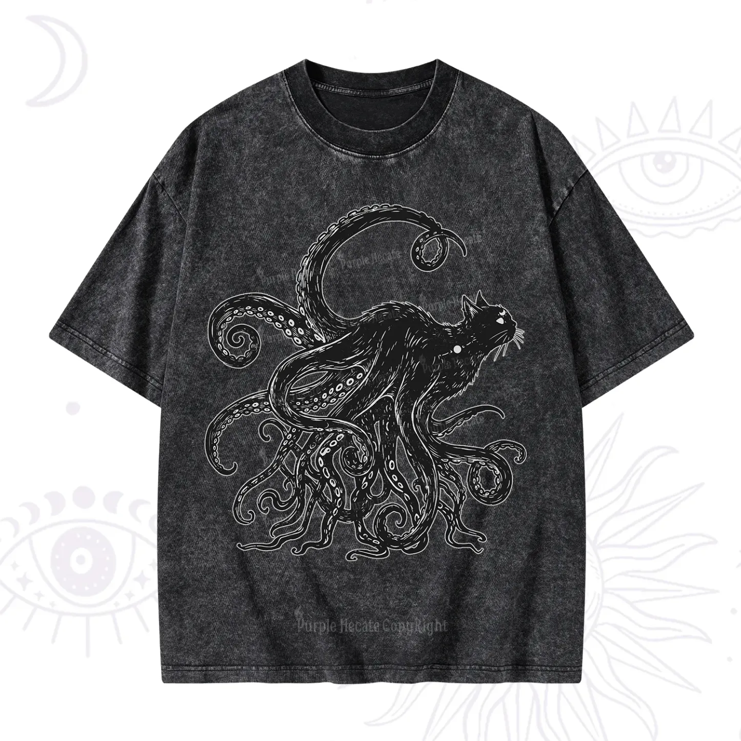 Purplehecate Black Cat with Octopus Tentacles Washed T-Shirt