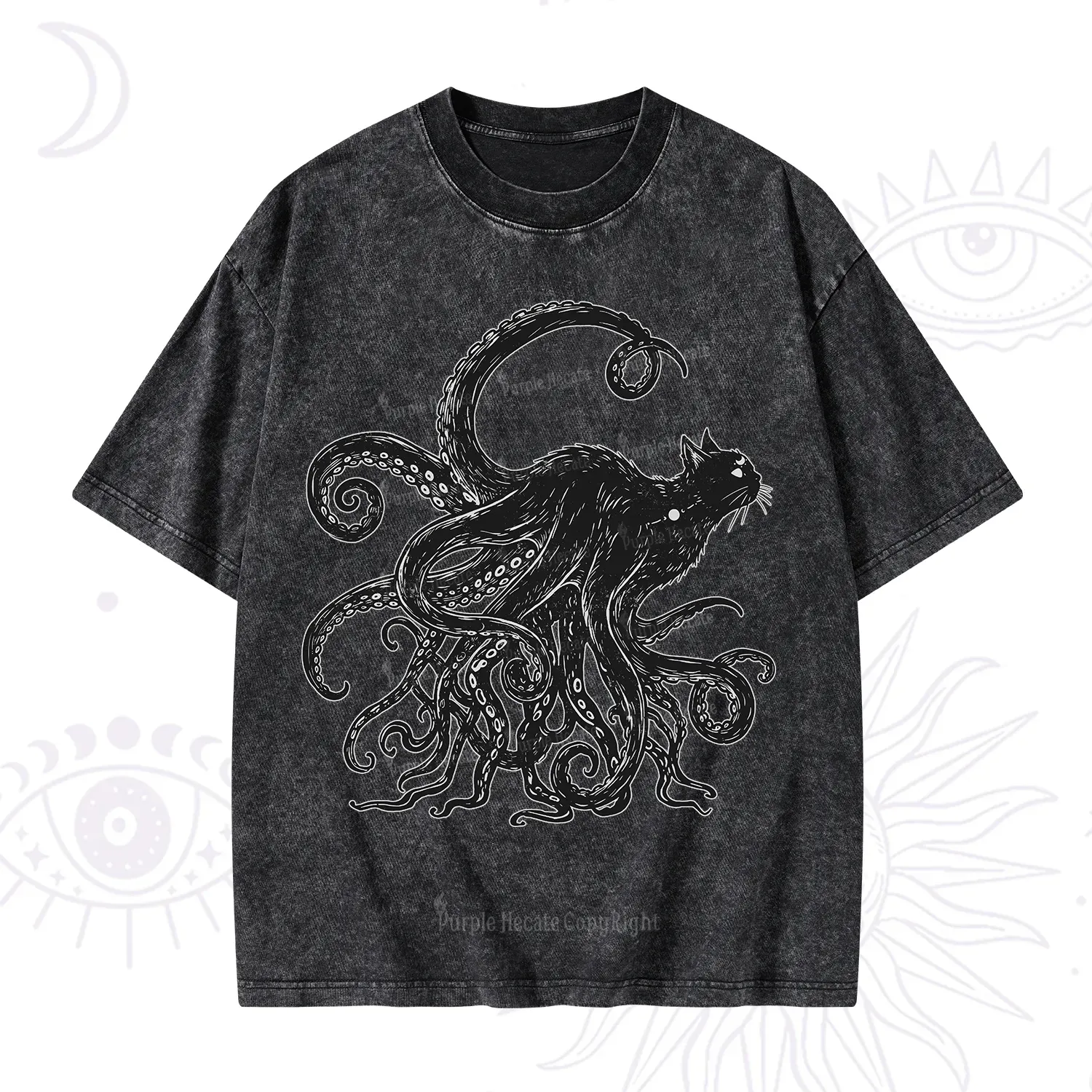 Purplehecate Black Cat with Octopus Tentacles Washed T-Shirt