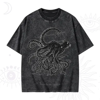 Purplehecate Black Cat with Octopus Tentacles Washed T-Shirt