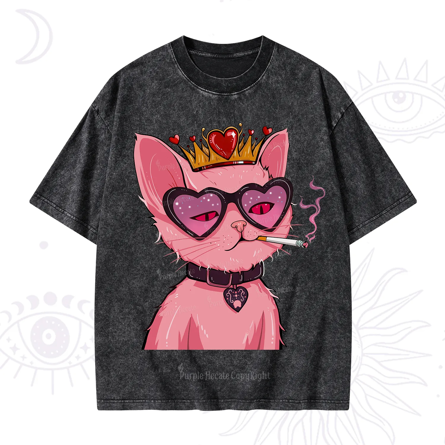 Purplehecate Bad Attitude Pink Cat Smoking Queen Washed T-Shirt