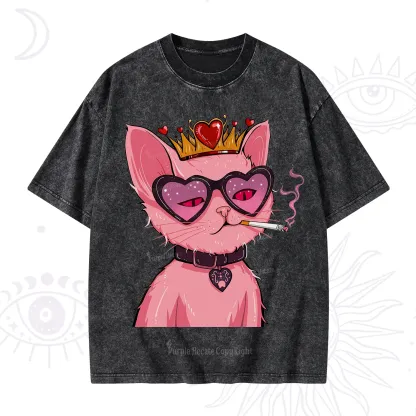 Purplehecate Bad Attitude Pink Cat Smoking Queen Washed T-Shirt