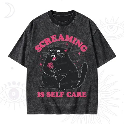 Purplehecate Funny Cat Screaming Is Self Care Washed T-Shirt
