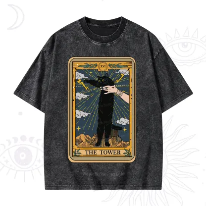 Purplehecate The Tower Cats Tarot Washed T-Shirt