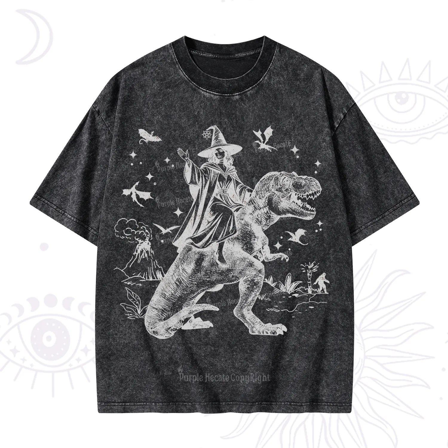 Purplehecate Witch Riding Dino Washed T-Shirt