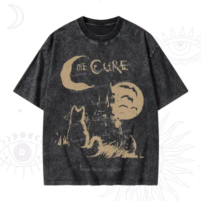Purplehecate Goth Moon Cat Post-Punk Washed T-Shirt