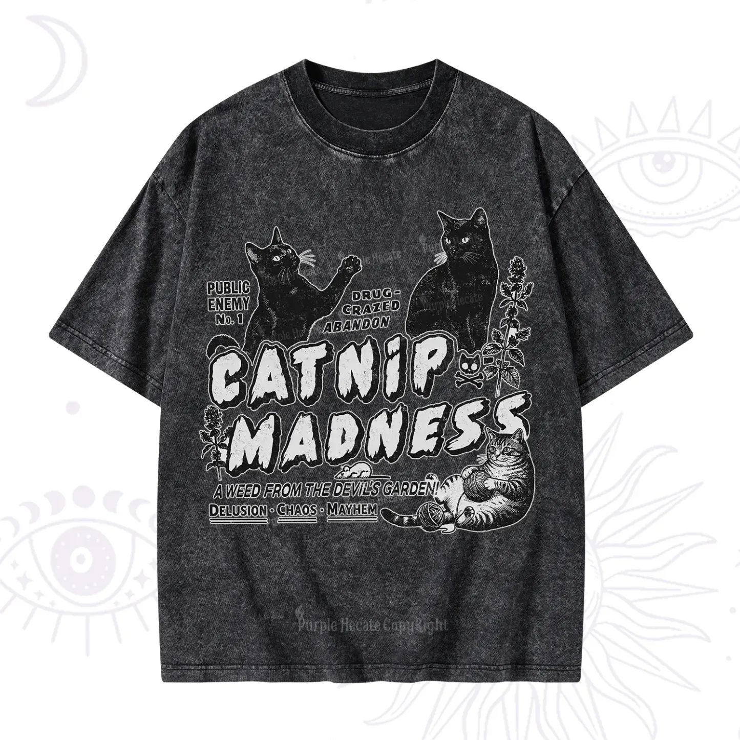 Purplehecate Catnip Madness Cute Cat Washed T-Shirt