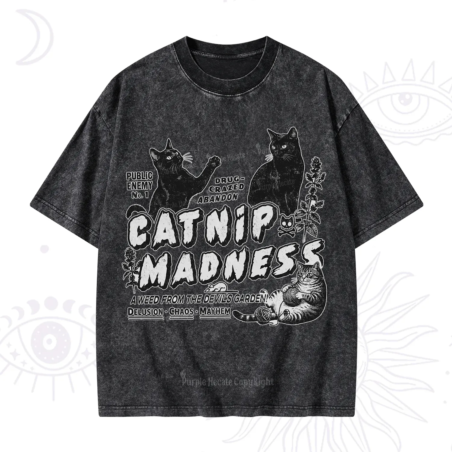 Purplehecate Catnip Madness Cute Cat Washed T-Shirt