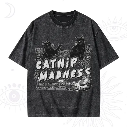 Purplehecate Catnip Madness Cute Cat Washed T-Shirt