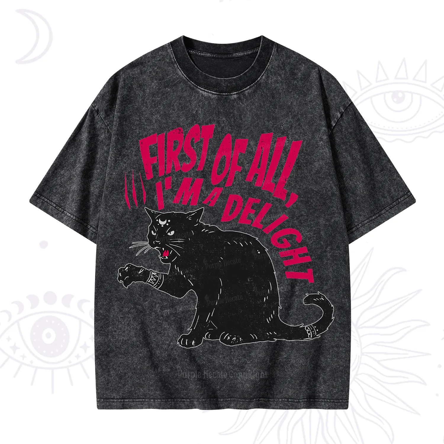 Purplehecate First Of All I'm A Delight Cat Washed T-Shirt