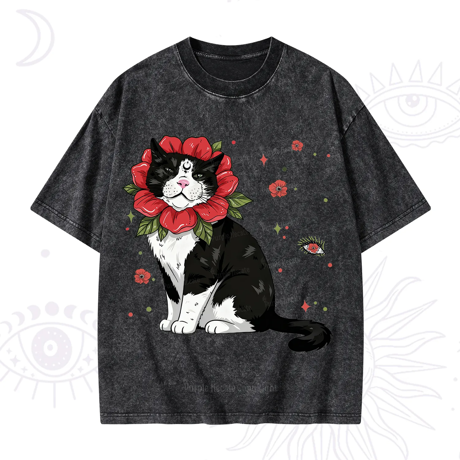 Purplehecate Cat in Flower Crown Washed T-Shirt