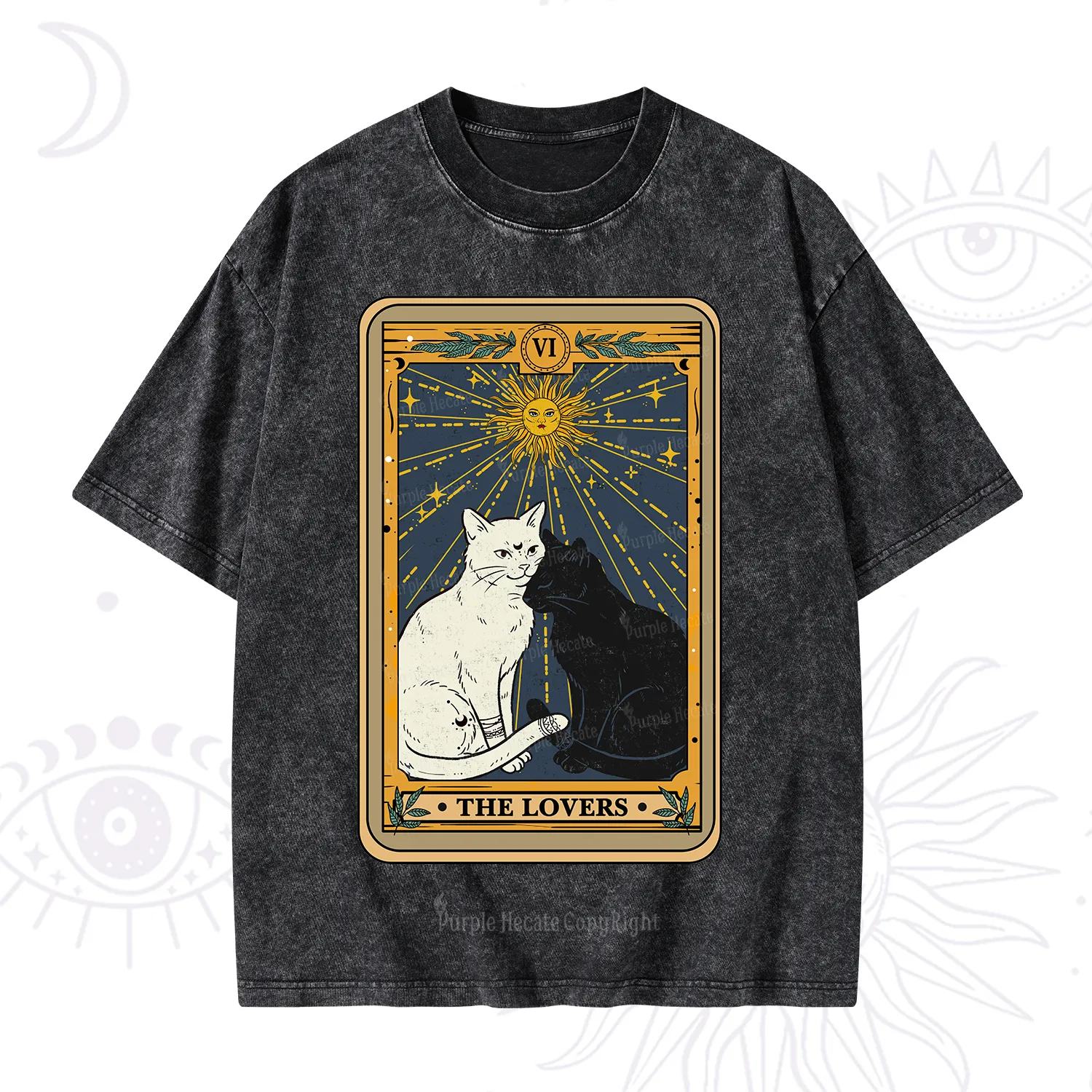 Purplehecate The Lovers Cat Tarot Card Washed T-Shirt