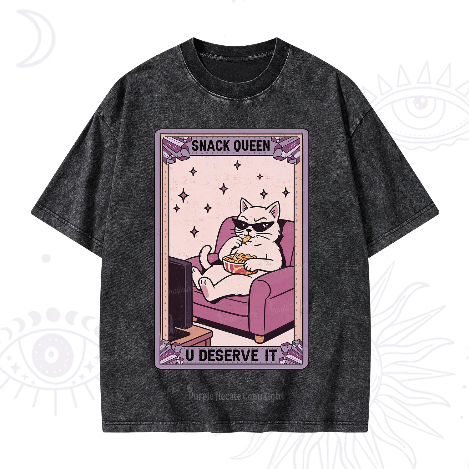 Purplehecate The Snack Queen Cat Tarot Washed T-Shirt