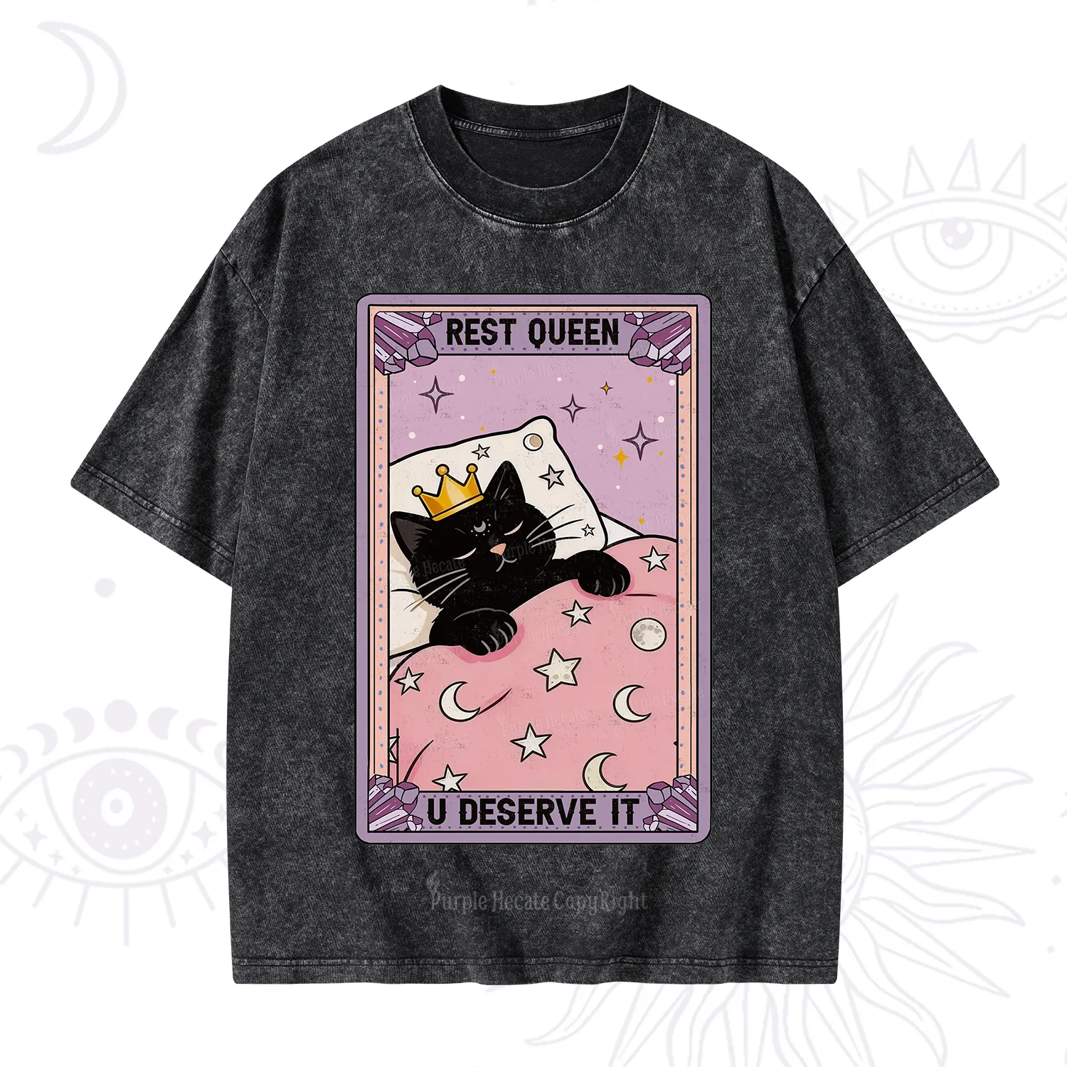 Purplehecate The Rest Queen Cat Tarot Washed T-Shirt