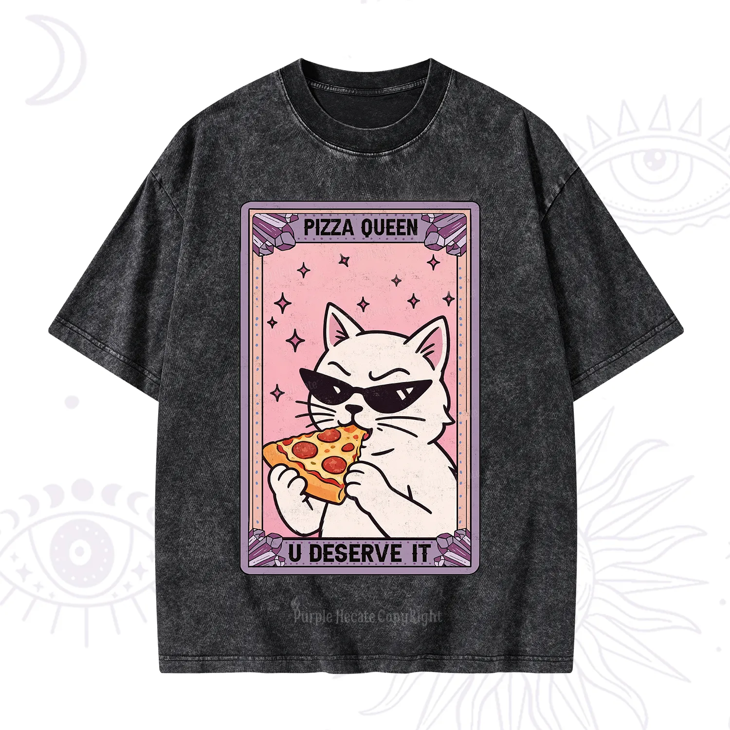 Purplehecate The Pizza Queen Cat Tarot Washed T-Shirt