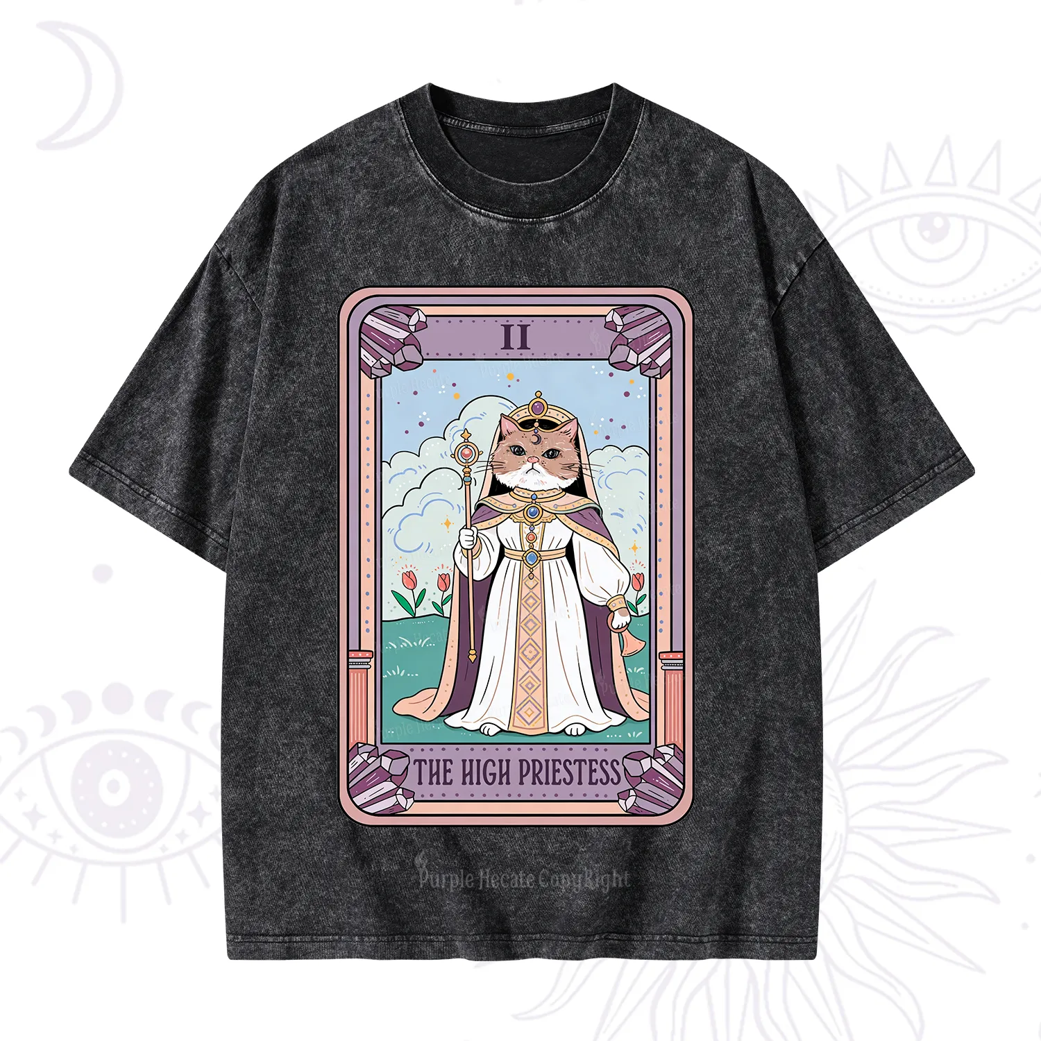 Purplehecate The High Priestess Cat Tarot Washed T-Shirt