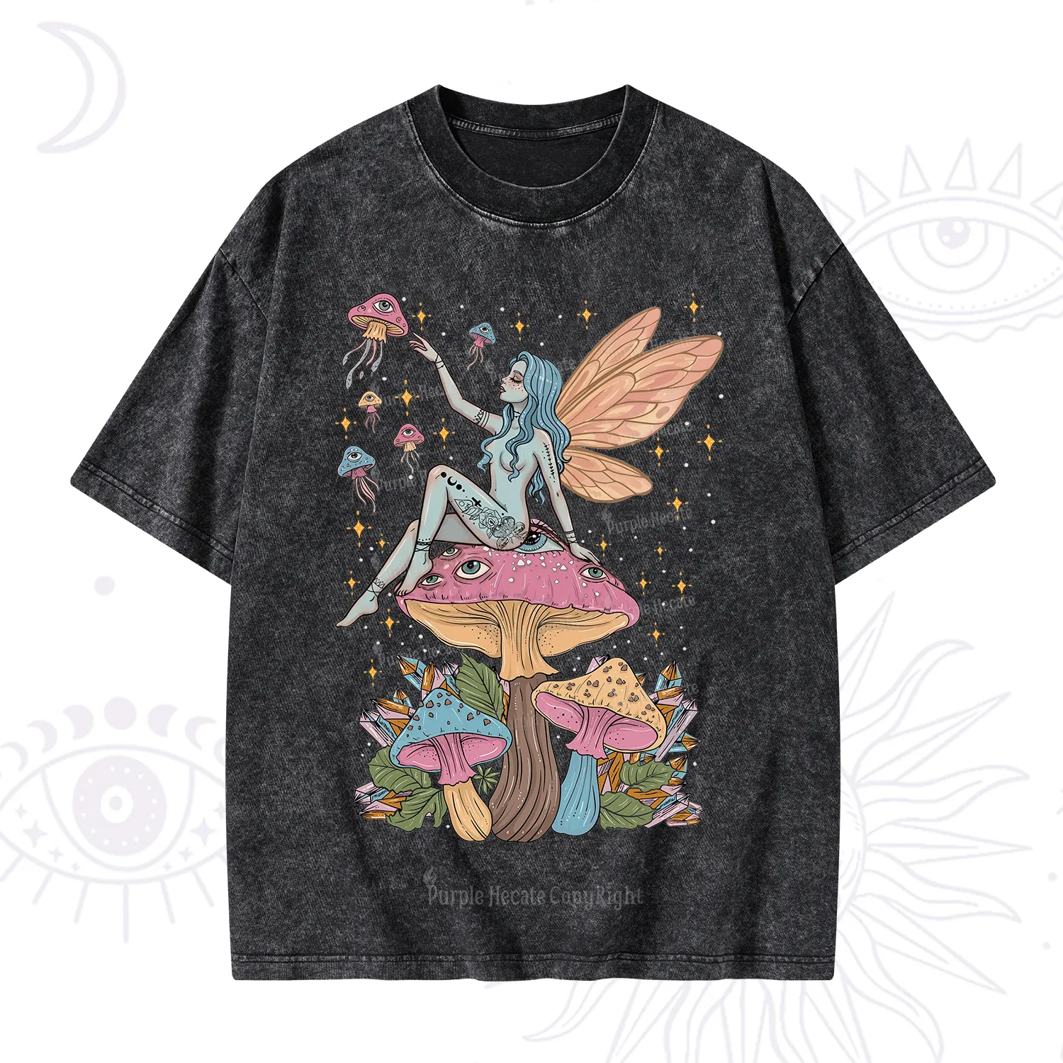 Purplehecate Celestial Fairy on Mushroom Washed T-Shirt