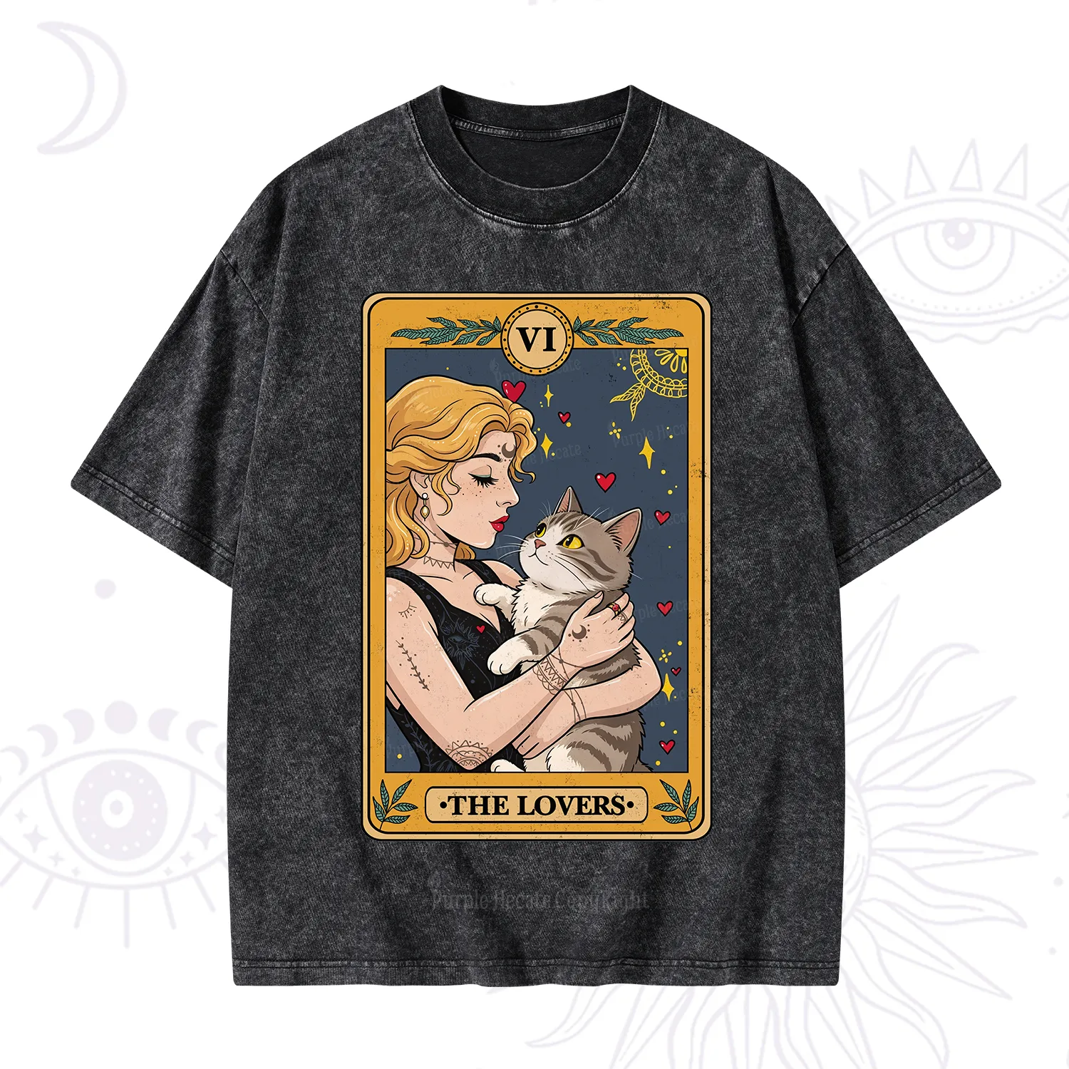 Purplehecate The Lovers Tarot for Cat Lovers Washed T-Shirt