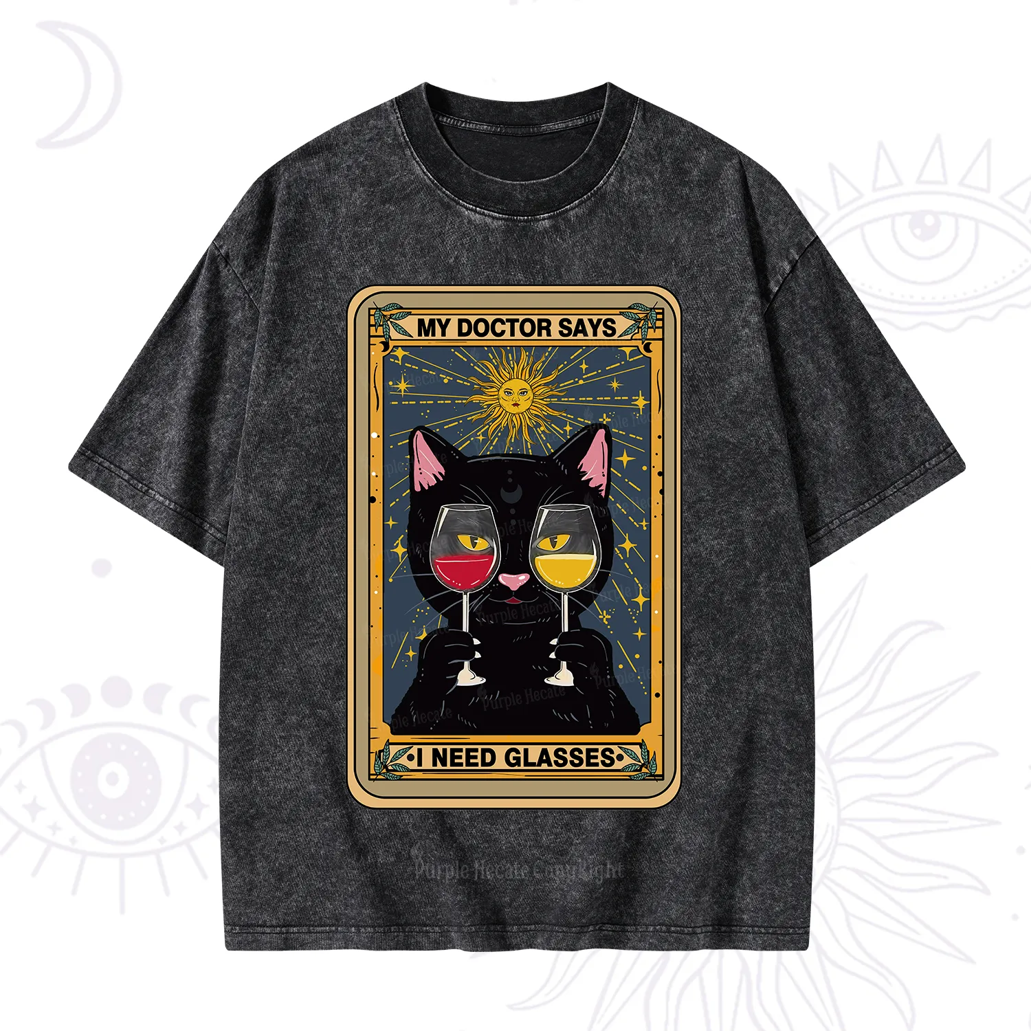 Purplehecate Funny Black Cat My Doctor Says I Need Glasses Tarot Washed T-Shirt