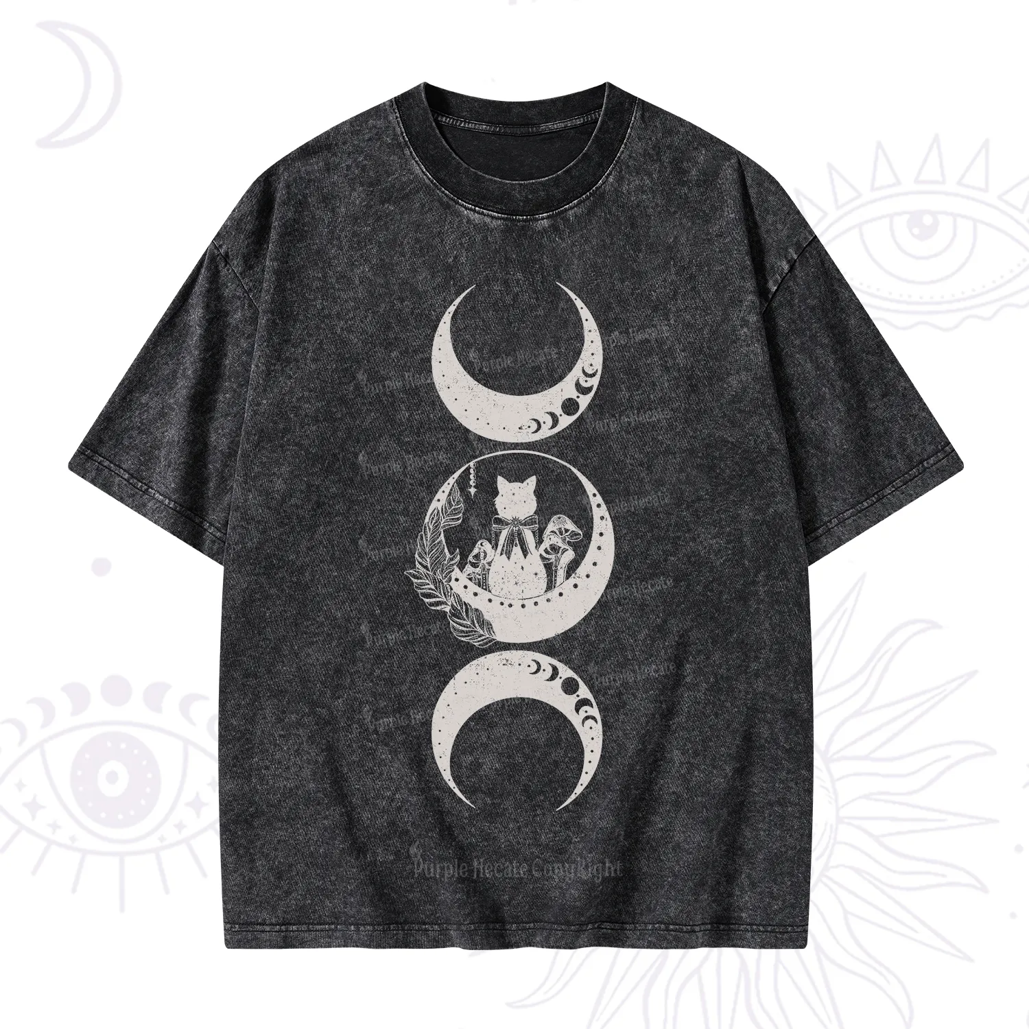 Purplehecate Cat And Moon Phases Washed T-Shirt