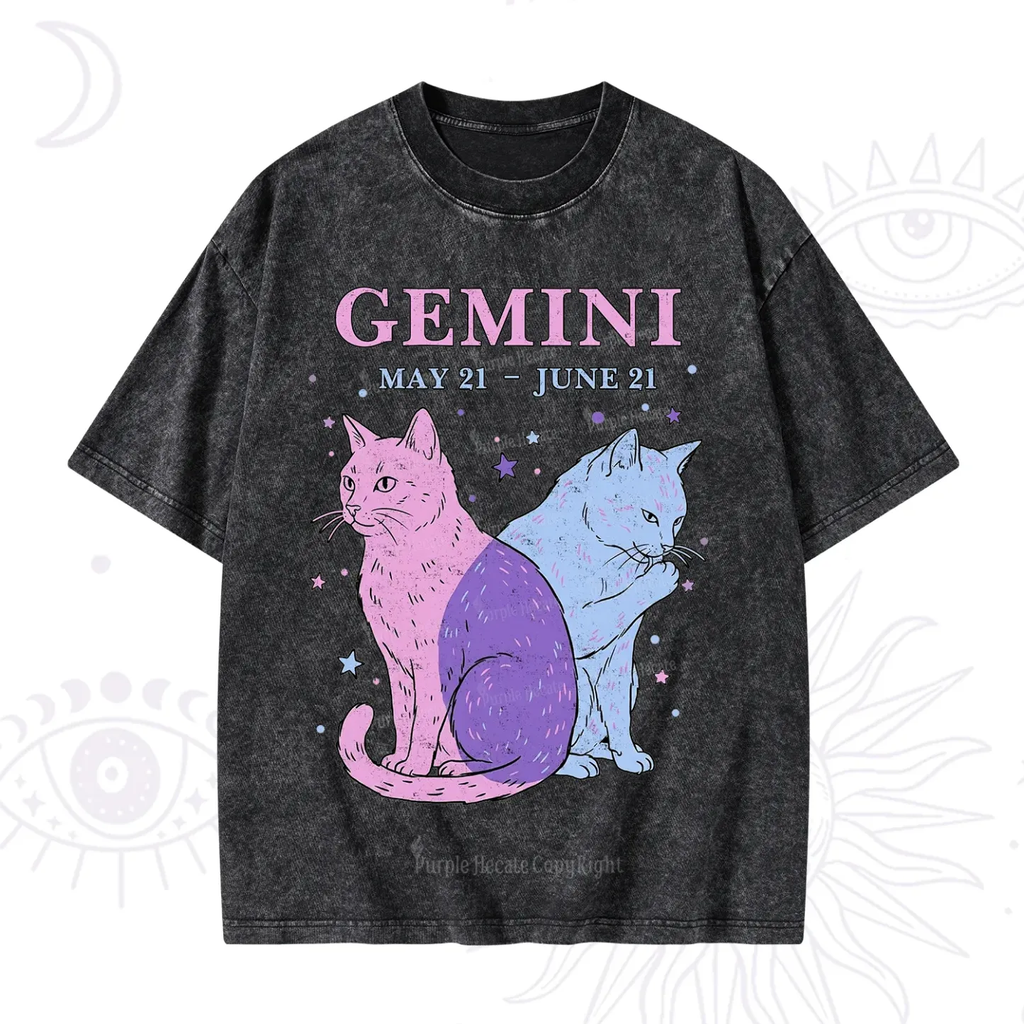 Purplehecate Gemini Zodiac Cats Washed T-Shirt