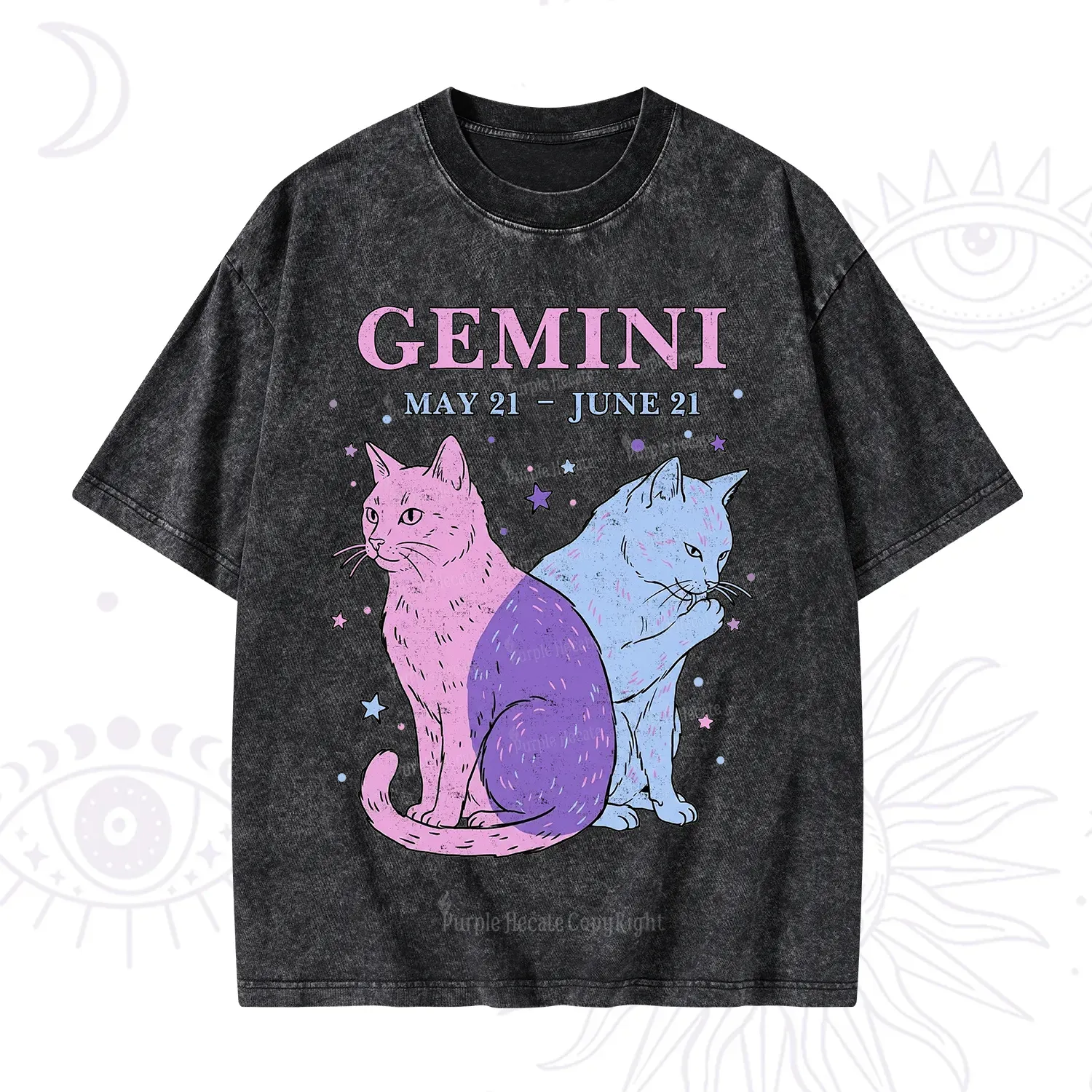 Purplehecate Gemini Zodiac Cats Washed T-Shirt