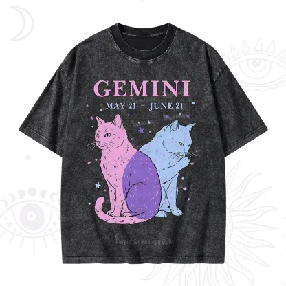 Purplehecate Gemini Zodiac Cats Washed T-Shirt