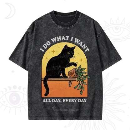Purplehecate I Do What I Want Funny Black Cat Washed T-Shirt