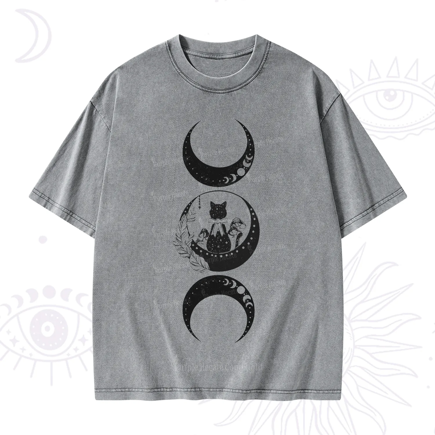 Purplehecate Cat And Moon Phases Washed T-Shirt