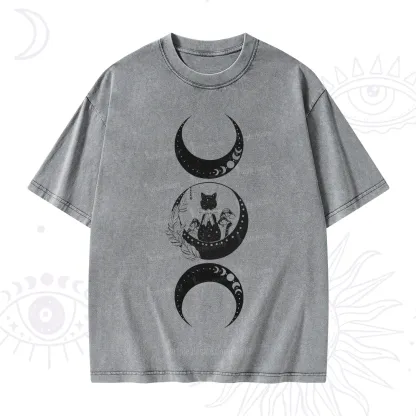 Purplehecate Cat And Moon Phases Washed T-Shirt