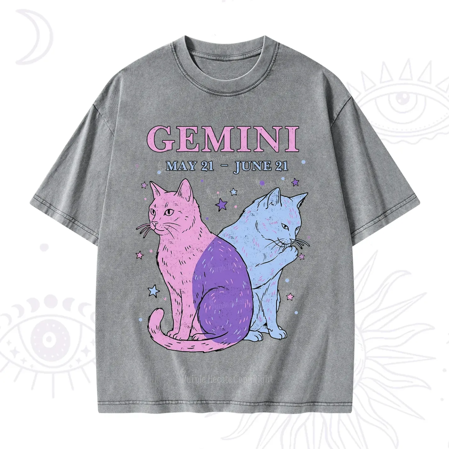 Purplehecate Gemini Zodiac Cats Washed T-Shirt
