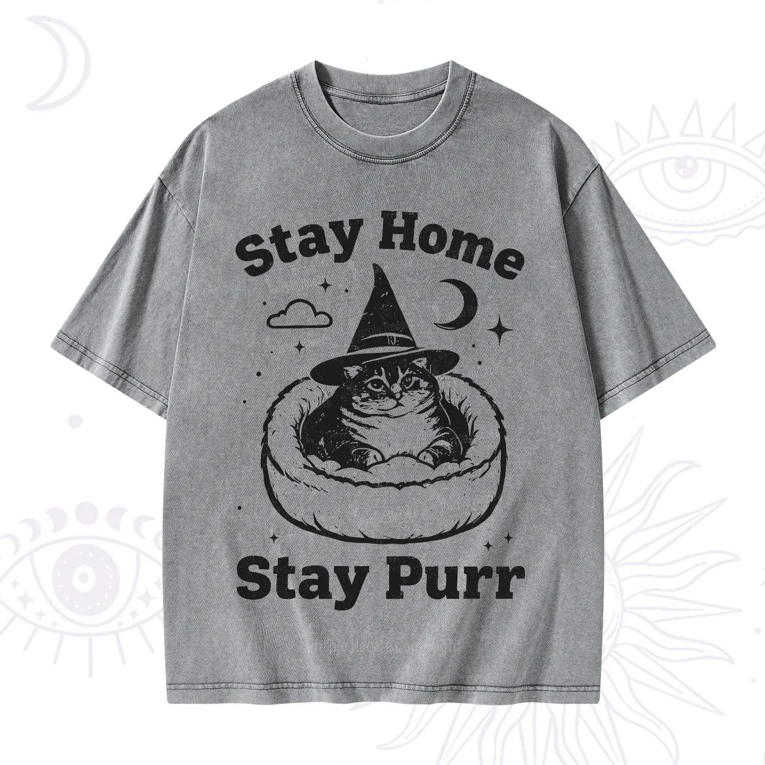 Purplehecate Stay Home Stay Purr Witch Cat Washed T-Shirt
