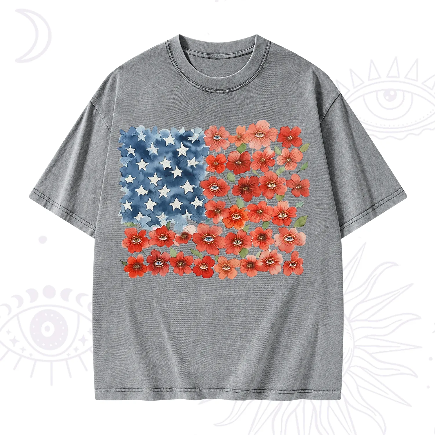 Purplehecate Floral Watercolor American Flag Washed T-Shirt