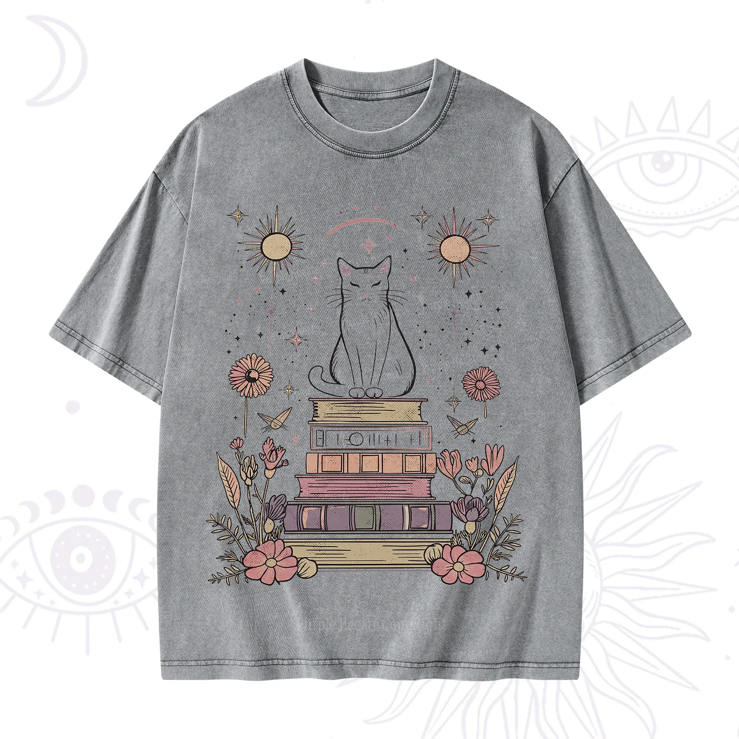 Purplehecate Mystical Cat Reading a Witchy Book Washed T-Shirt