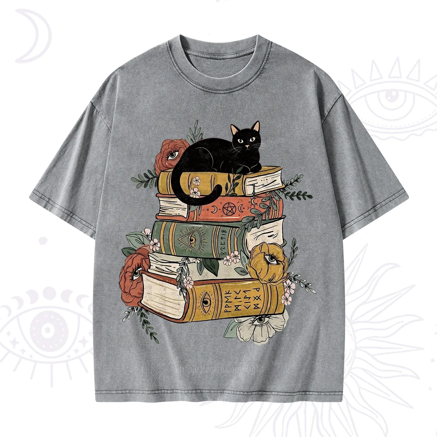 Purplehecate Black Cat on Books Washed T-Shirt