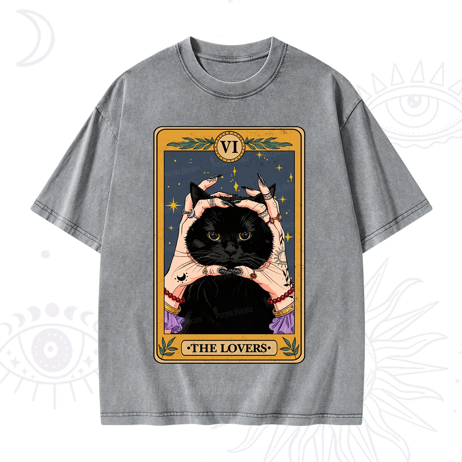 Purplehecate Black Cat The Lovers Tarot Card Washed T-Shirt