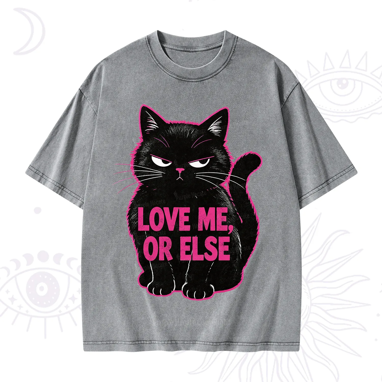Purplehecate Grumpy Black Cat Love Me or Else Washed T-Shirt