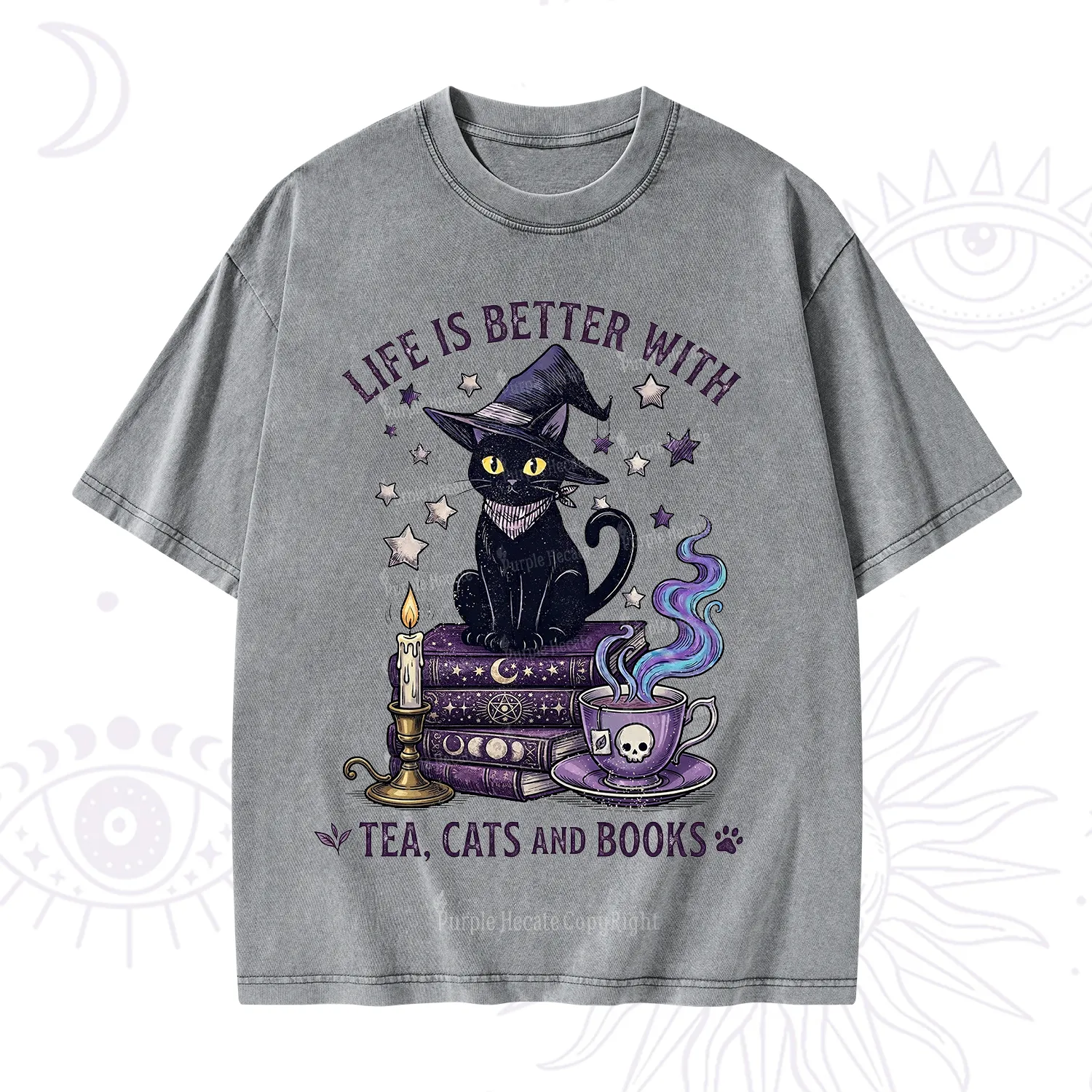 Purplehecate Life Is Better With Cats And Books Washed T-Shirt