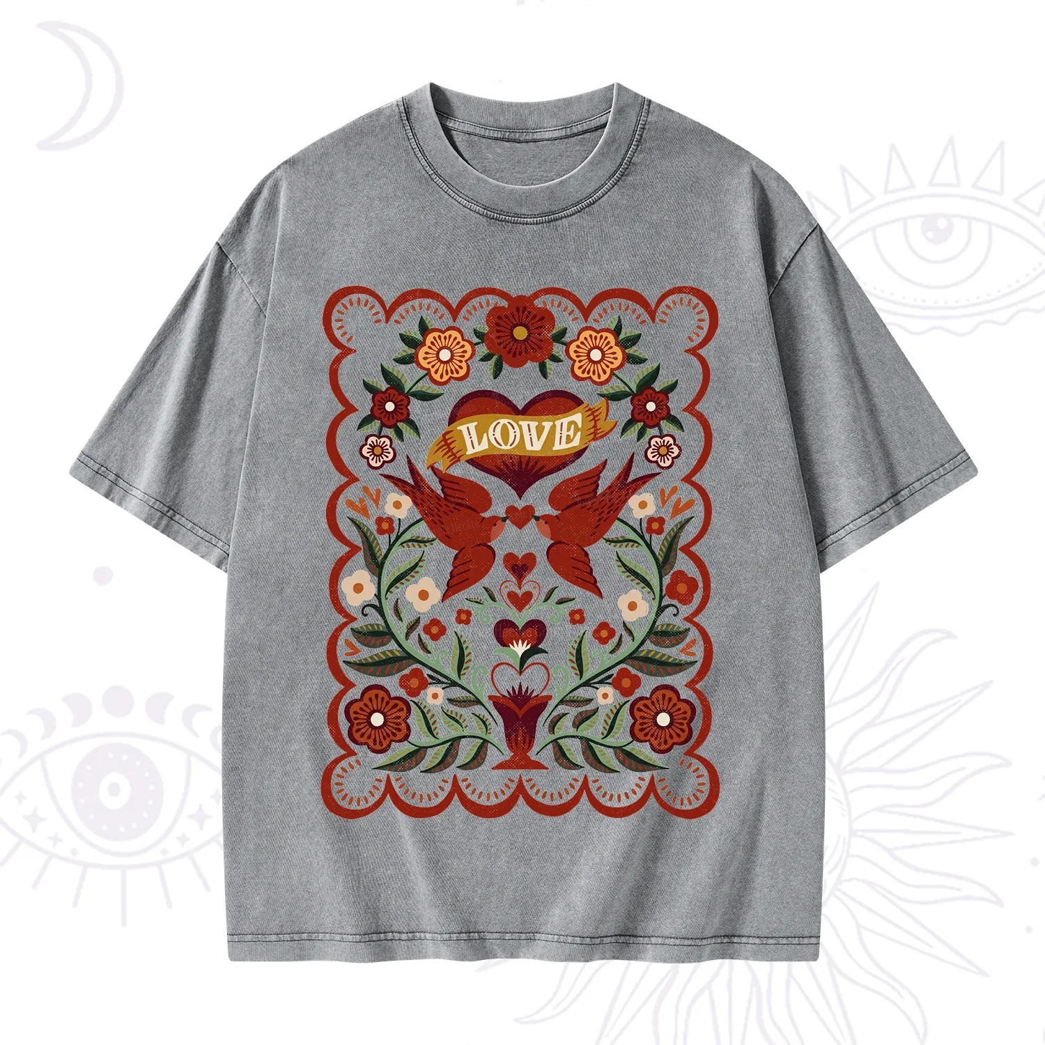 Purplehecate Folk Love Birds Floral Washed T-Shirt